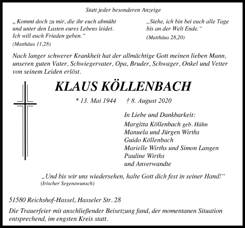  Traueranzeige für Klaus Köllenbach vom 14.08.2020 aus  Anzeigen Echo  Lokalanzeiger 