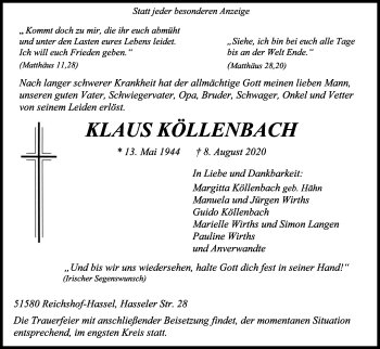 Anzeige von Klaus Köllenbach von Kölner Stadt-Anzeiger / Kölnische Rundschau / Express