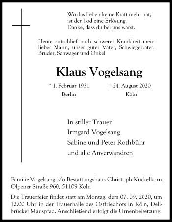 Anzeige von Klaus Vogelsang von Kölner Stadt-Anzeiger / Kölnische Rundschau / Express