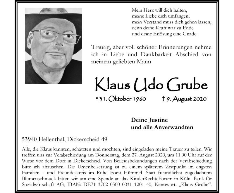  Traueranzeige für Klaus Udo Grube vom 21.08.2020 aus  Kölner Wochenspiegel 