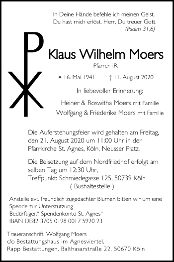 Anzeige von Klaus Wilhelm Moers von Kölner Stadt-Anzeiger / Kölnische Rundschau / Express