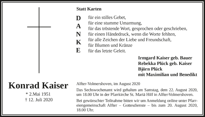  Traueranzeige für Konrad Kaiser vom 14.08.2020 aus  Schaufenster/Blickpunkt 