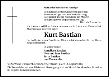 Anzeige von Kurt Bastian von Kölner Stadt-Anzeiger / Kölnische Rundschau / Express