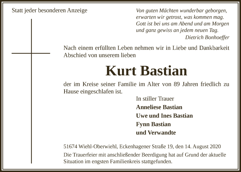  Traueranzeige für Kurt Bastian vom 21.08.2020 aus  Anzeigen Echo 