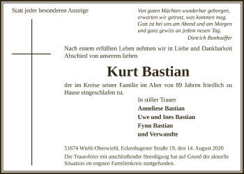 Anzeige von Kurt Bastian von  Anzeigen Echo 