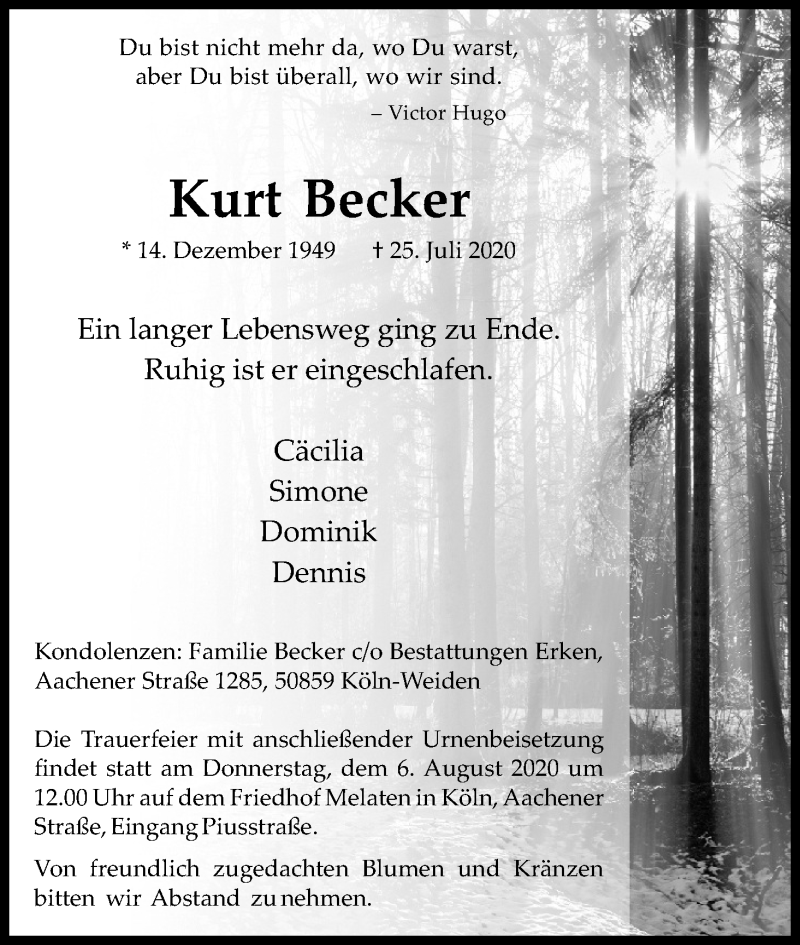  Traueranzeige für Kurt Becker vom 01.08.2020 aus Kölner Stadt-Anzeiger / Kölnische Rundschau / Express