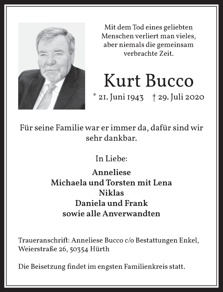  Traueranzeige für Kurt Bucco vom 07.08.2020 aus  Wochenende 