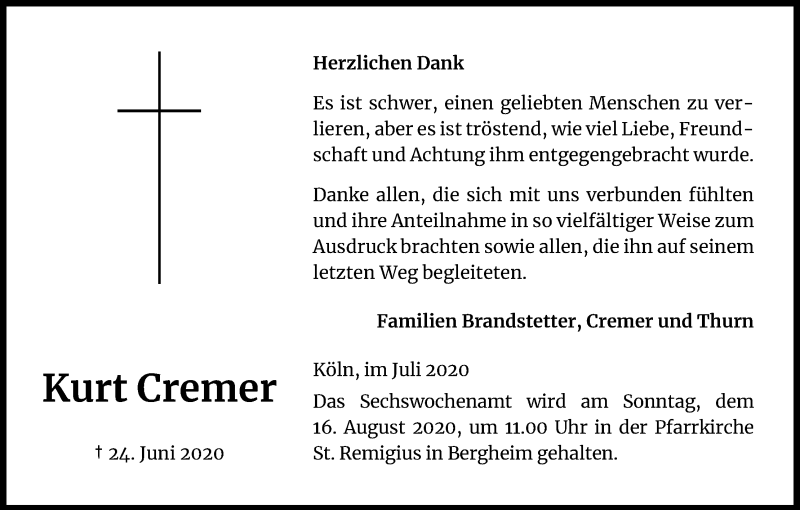  Traueranzeige für Kurt Cremer vom 08.08.2020 aus Kölner Stadt-Anzeiger / Kölnische Rundschau / Express