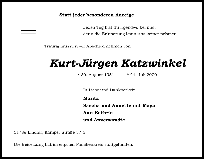  Traueranzeige für Kurt-Jürgen Katzwinkel vom 15.08.2020 aus Kölner Stadt-Anzeiger / Kölnische Rundschau / Express