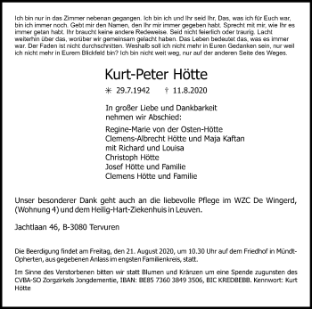 Anzeige von Kurt-Peter Hötte von Kölner Stadt-Anzeiger / Kölnische Rundschau / Express