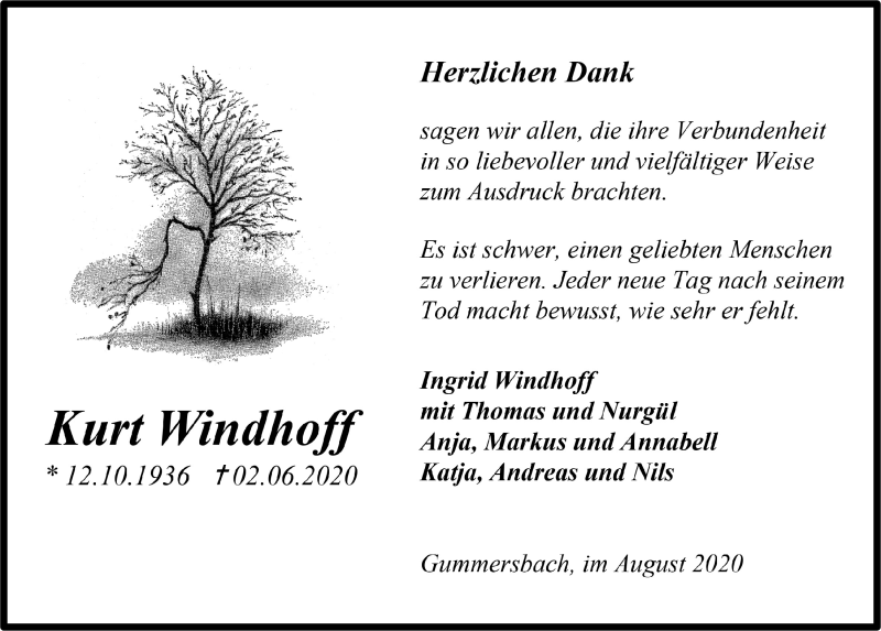  Traueranzeige für Kurt Windhoff vom 14.08.2020 aus  Anzeigen Echo 