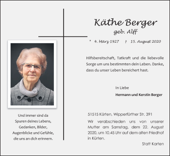 Anzeige von Käthe Berger von Kölner Stadt-Anzeiger / Kölnische Rundschau / Express