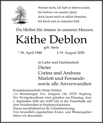 Anzeige von Käthe Deblon von  Extra Blatt 