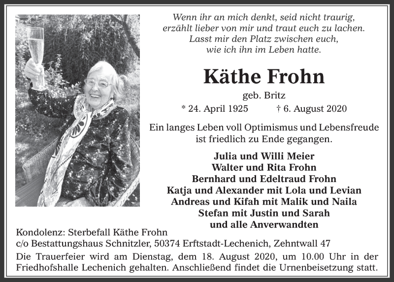  Traueranzeige für Käthe Frohn vom 14.08.2020 aus  Werbepost 