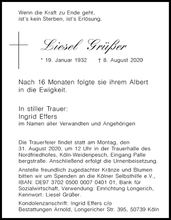 Anzeige von Liesel Grüßer von Kölner Stadt-Anzeiger / Kölnische Rundschau / Express