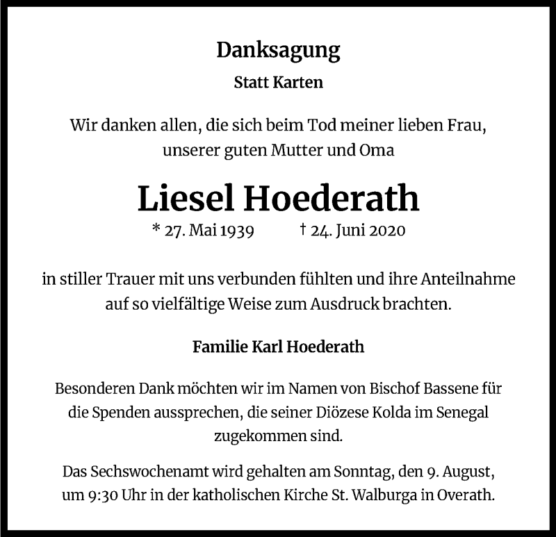  Traueranzeige für Liesel Hoederath vom 01.08.2020 aus Kölner Stadt-Anzeiger / Kölnische Rundschau / Express