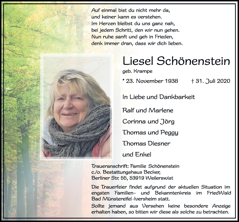  Traueranzeige für Liesel Schönenstein vom 08.08.2020 aus  Schlossbote/Werbekurier 