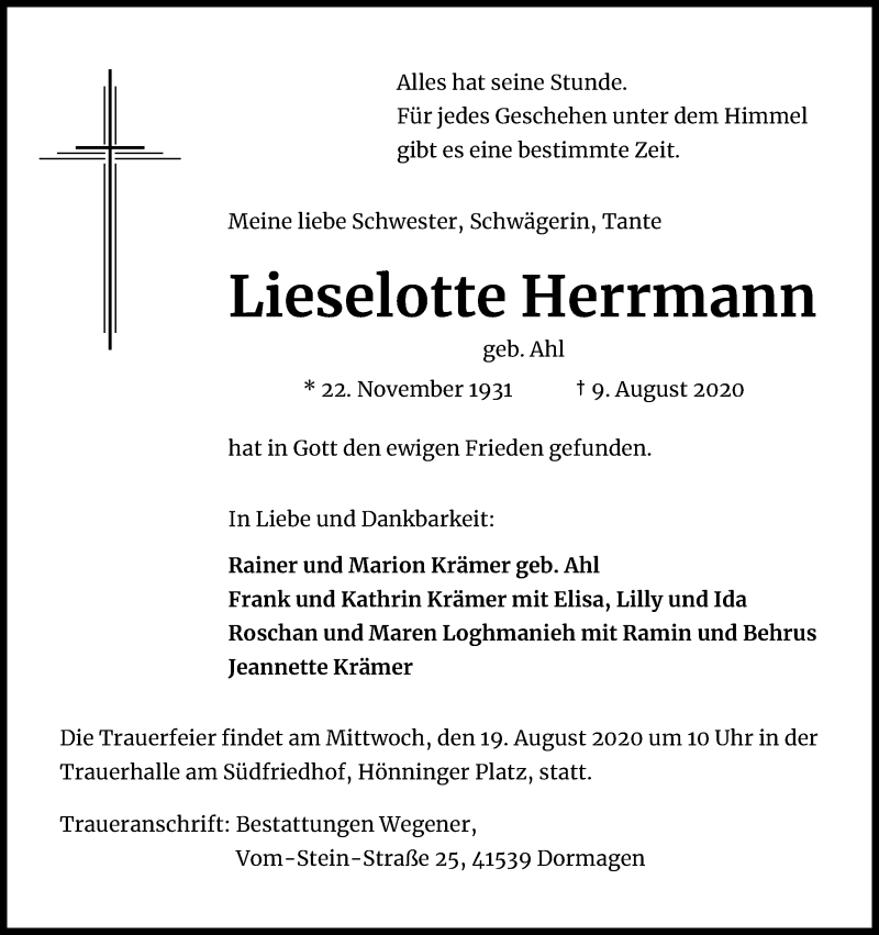  Traueranzeige für Lieselotte Herrmann vom 15.08.2020 aus Kölner Stadt-Anzeiger / Kölnische Rundschau / Express