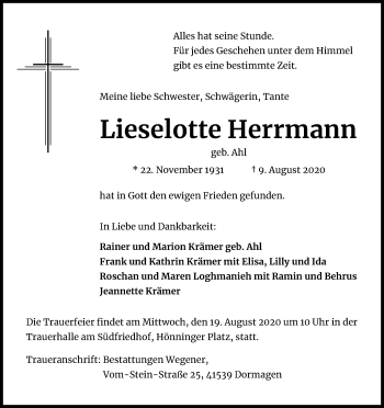 Anzeige von Lieselotte Herrmann von Kölner Stadt-Anzeiger / Kölnische Rundschau / Express