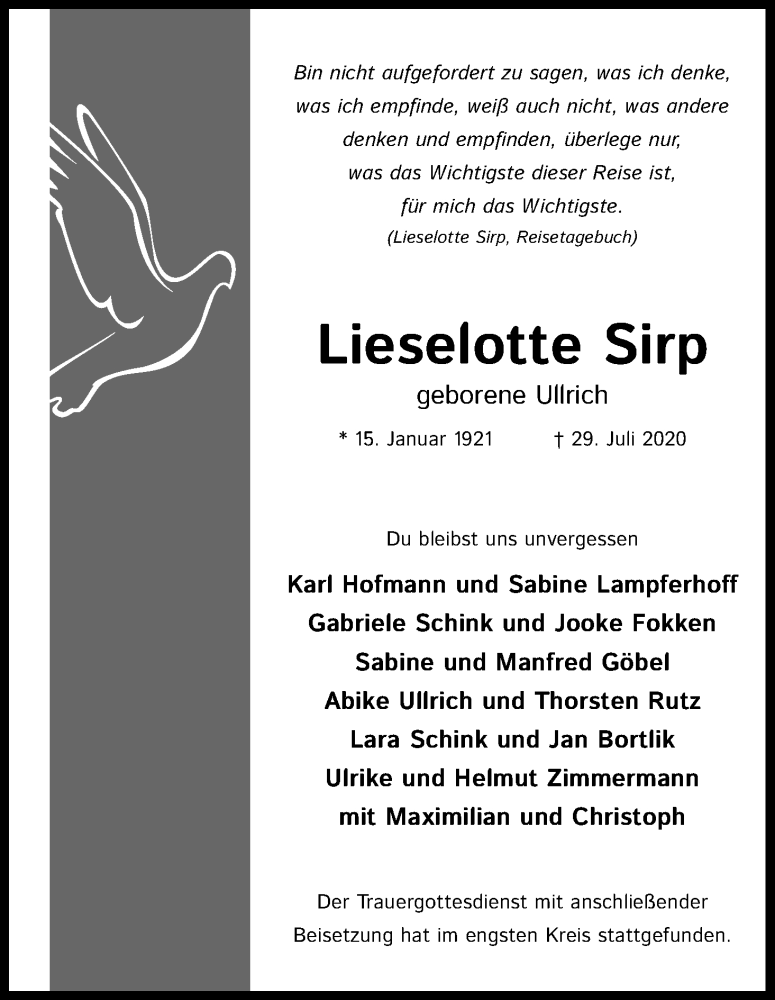  Traueranzeige für Lieselotte Sirp vom 08.08.2020 aus Kölner Stadt-Anzeiger / Kölnische Rundschau / Express