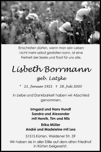 Anzeige von Lisbeth Borrmann von Kölner Stadt-Anzeiger / Kölnische Rundschau / Express