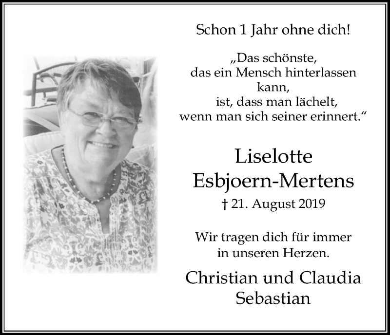  Traueranzeige für Liselotte Esbjoern-Mertens vom 21.08.2020 aus Kölner Stadt-Anzeiger / Kölnische Rundschau / Express