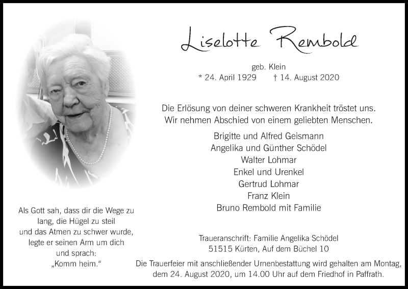  Traueranzeige für Liselotte Rembold vom 19.08.2020 aus Kölner Stadt-Anzeiger / Kölnische Rundschau / Express