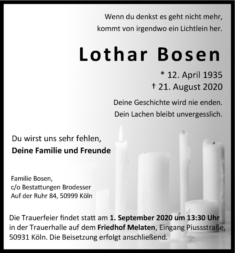  Traueranzeige für Lothar Bosen vom 29.08.2020 aus Kölner Stadt-Anzeiger / Kölnische Rundschau / Express
