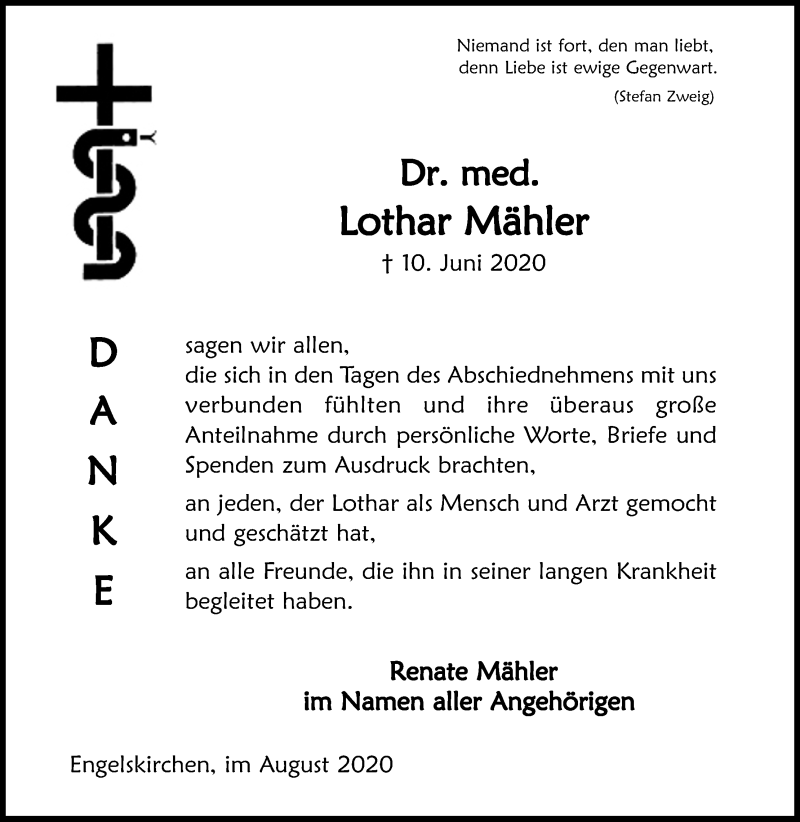 Traueranzeige für Lothar Mähler vom 01.08.2020 aus Kölner Stadt-Anzeiger / Kölnische Rundschau / Express