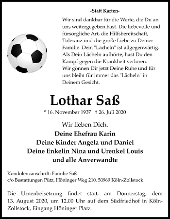 Anzeige von Lothar Saß von Kölner Stadt-Anzeiger / Kölnische Rundschau / Express