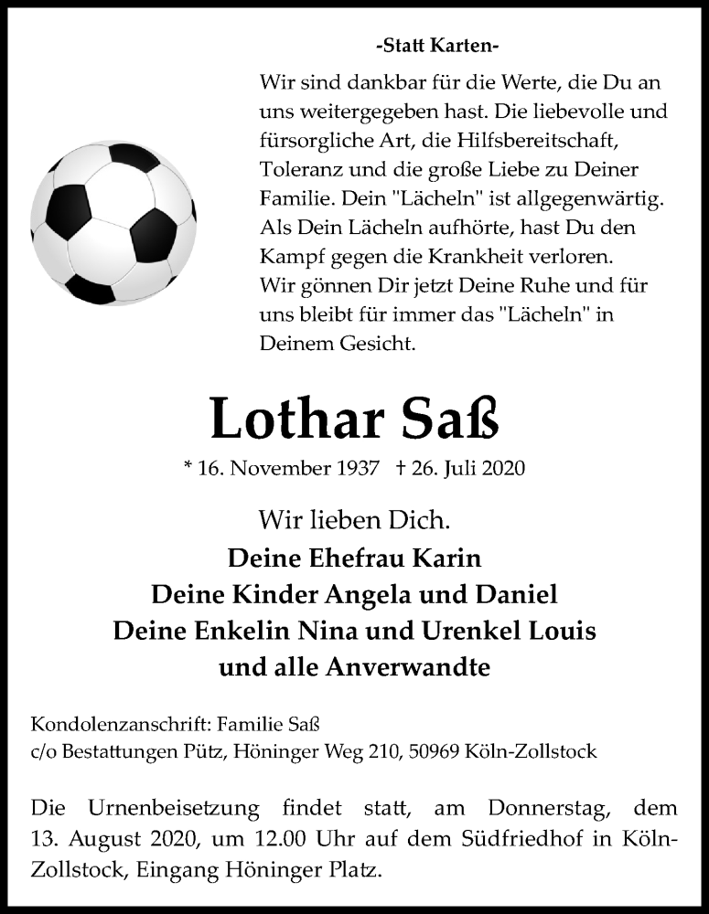 Traueranzeige für Lothar Saß vom 08.08.2020 aus Kölner Stadt-Anzeiger / Kölnische Rundschau / Express