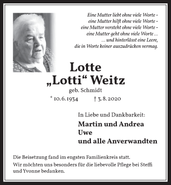 Anzeige von Lotte Weitz von  Werbepost 