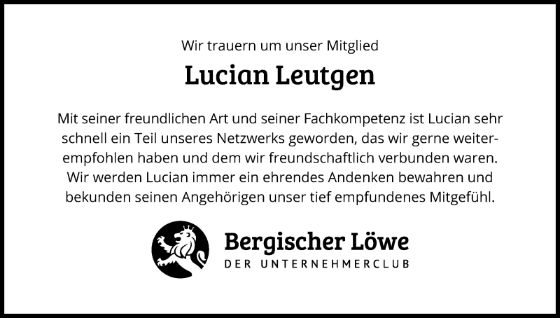  Traueranzeige für Lucian Leutgen vom 29.08.2020 aus Kölner Stadt-Anzeiger / Kölnische Rundschau / Express