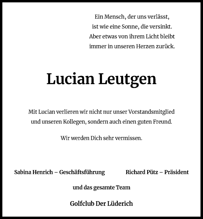  Traueranzeige für Lucian Leutgen vom 29.08.2020 aus Kölner Stadt-Anzeiger / Kölnische Rundschau / Express