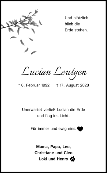 Anzeige von Lucian Leutgen von Kölner Stadt-Anzeiger / Kölnische Rundschau / Express