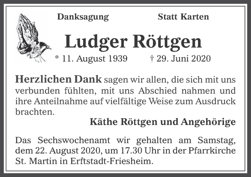  Traueranzeige für Ludger Röttgen vom 14.08.2020 aus  Werbepost 