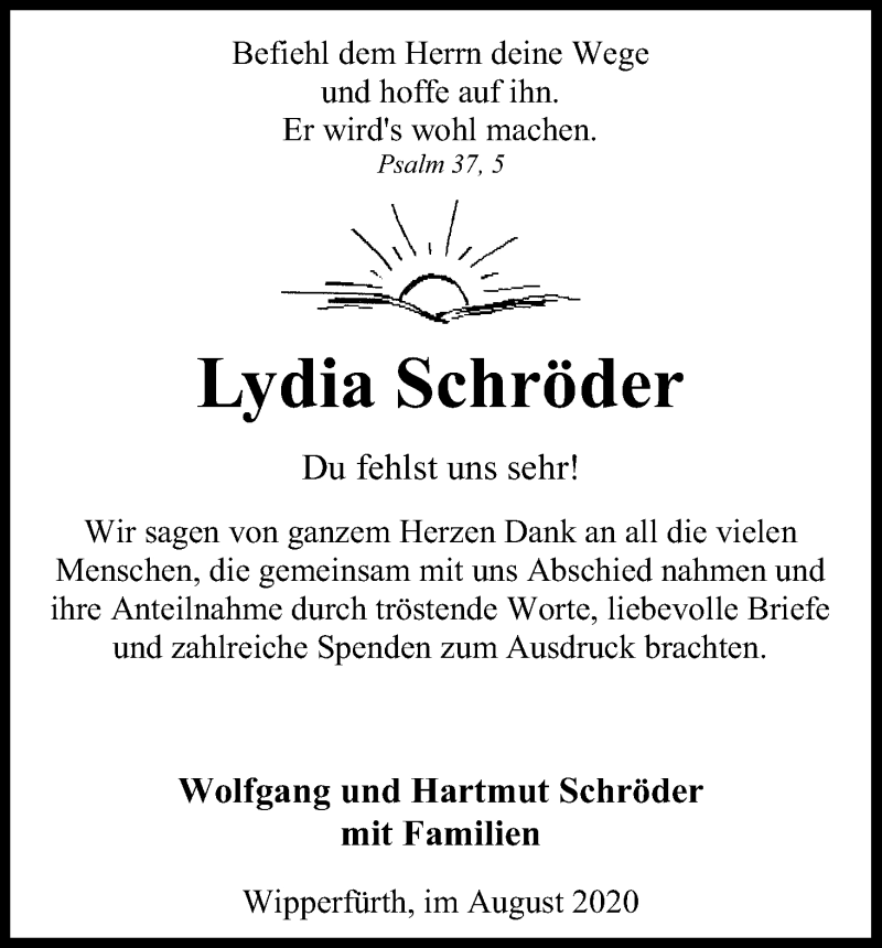  Traueranzeige für Lydia Schröder vom 22.08.2020 aus Kölner Stadt-Anzeiger / Kölnische Rundschau / Express