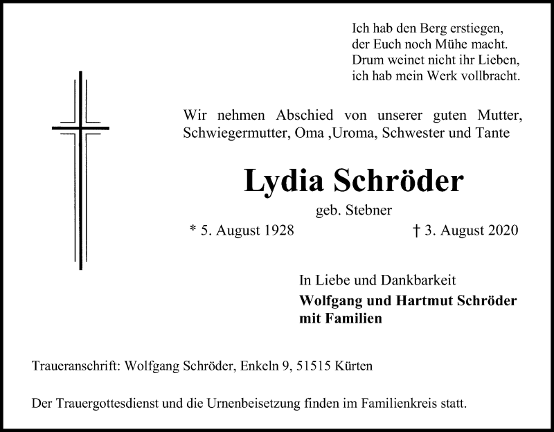  Traueranzeige für Lydia Schröder vom 08.08.2020 aus Kölner Stadt-Anzeiger / Kölnische Rundschau / Express
