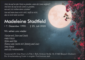 Anzeige von Madeleine Stadtfeld von  Bergisches Handelsblatt 