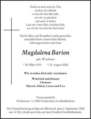 Anzeige von Magdalena Barion von  Blickpunkt Euskirchen 