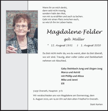 Anzeige von Magdalene Felder von Kölner Stadt-Anzeiger / Kölnische Rundschau / Express