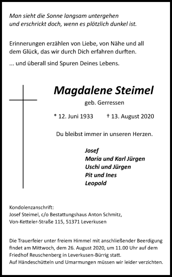 Anzeige von Magdalene Steimel von Kölner Stadt-Anzeiger / Kölnische Rundschau / Express