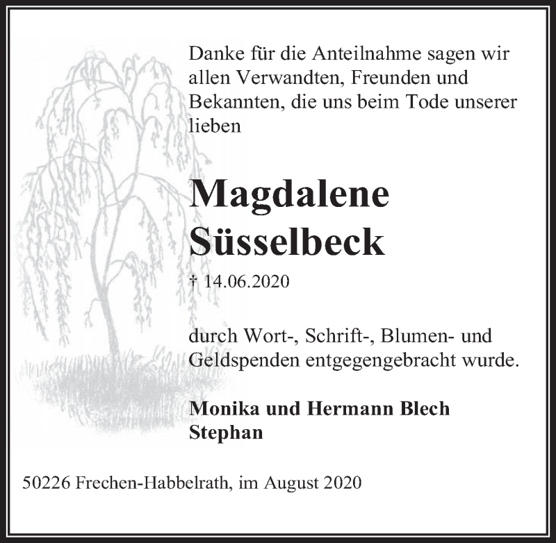  Traueranzeige für Magdalene Süsselbeck vom 07.08.2020 aus  Wochenende 