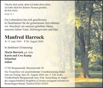 Anzeige von Manfred Harrock von Kölner Stadt-Anzeiger / Kölnische Rundschau / Express