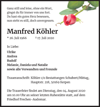 Anzeige von Manfred Köhler von Kölner Stadt-Anzeiger / Kölnische Rundschau / Express