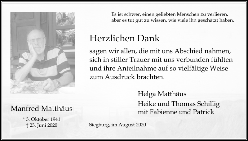  Traueranzeige für Manfred Matthäus vom 15.08.2020 aus Kölner Stadt-Anzeiger / Kölnische Rundschau / Express