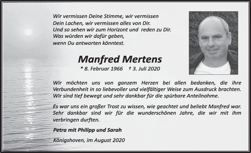  Traueranzeige für Manfred Mertens vom 21.08.2020 aus  Werbepost 