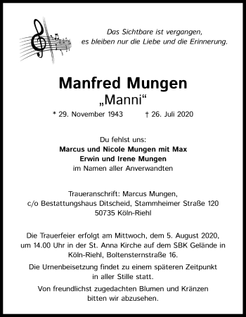 Anzeige von Manfred Mungen von Kölner Stadt-Anzeiger / Kölnische Rundschau / Express