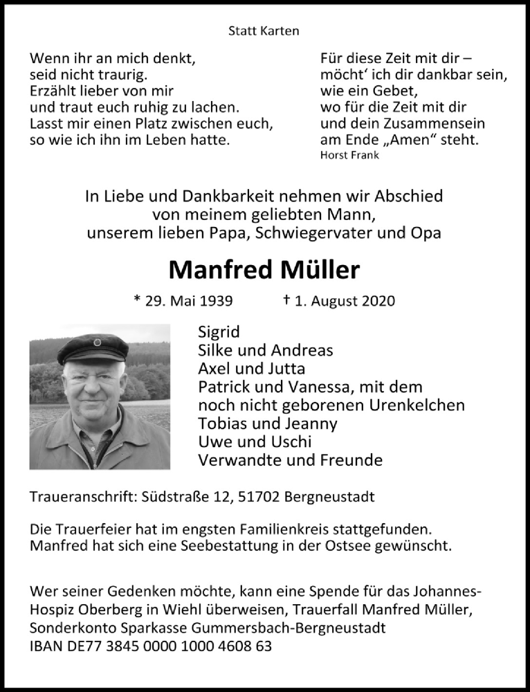  Traueranzeige für Manfred Müller vom 07.08.2020 aus  Anzeigen Echo 