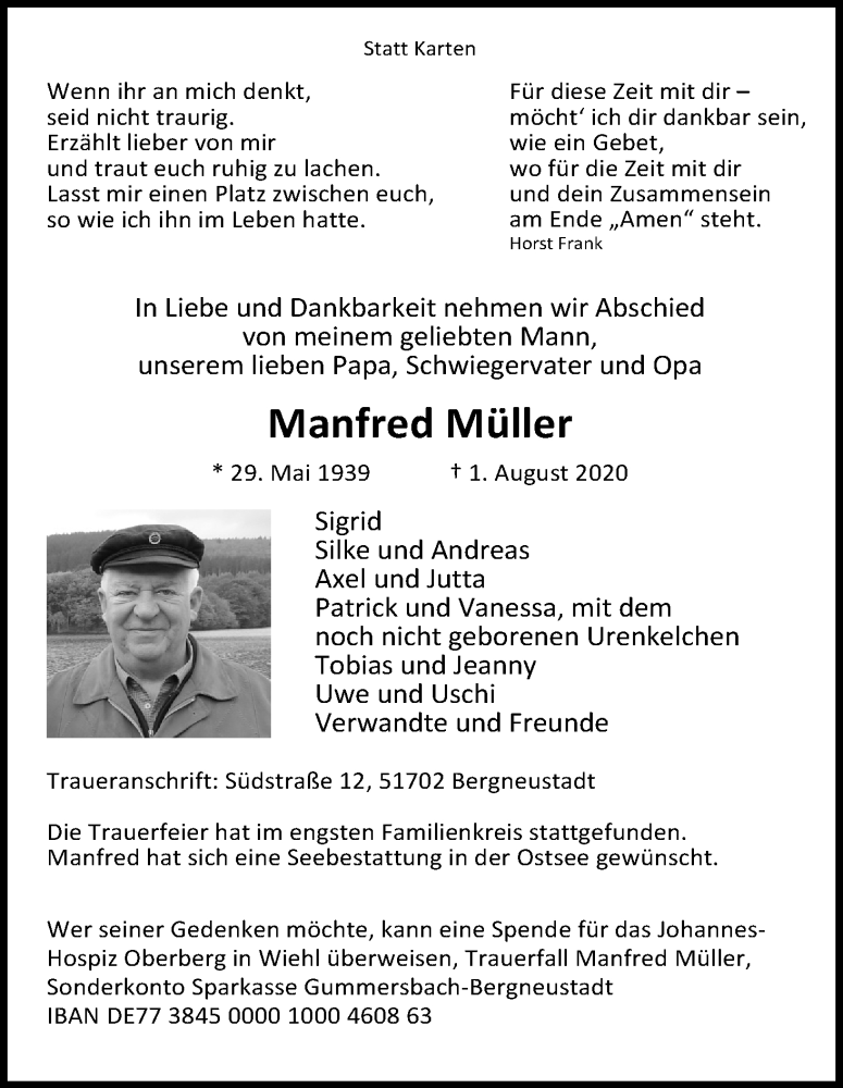  Traueranzeige für Manfred Müller vom 08.08.2020 aus Kölner Stadt-Anzeiger / Kölnische Rundschau / Express